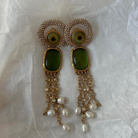 schiaparelli Jewelry - Schiaparelli green eye pearl drop earrings